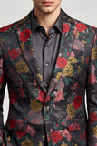 Americana de graduación para hombre de solapa de muescas con una sola escotada de flores negras y rojas