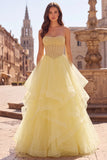 Vestido de baile amarillo Corsé perlas sin tirantes Vestido largo de graduación con volantes y escalones