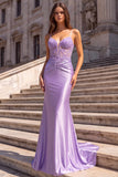 Corsé de satén lila Aplique florales 3D transparentes Vestido largo de baile