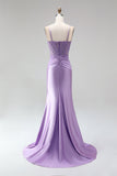 Corsé de satén lila Aplique florales 3D transparentes Vestido largo de baile