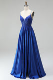 A-line Royal Blue Apliques Satén Lentejuelas con cuentas Tirantes finos Vestido largo de graduación