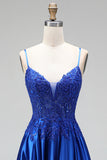 A-line Royal Blue Apliques Satén Lentejuelas con cuentas Tirantes finos Vestido largo de graduación