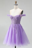 Aplique florales 3D de ciruela deshombro Claro Corsé de tul de línea A Vestido corto de bienvenida con cuentas