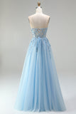 Corsé azul celeste, apliques florales transparentes, lentejuelas de línea A, vestido largo de graduación sin tirantes con abertura lateral