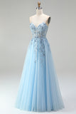 Corsé azul celeste, apliques florales transparentes, lentejuelas de línea A, vestido largo de graduación sin tirantes con abertura lateral