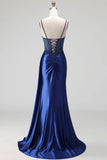 Corsé azul real con escote de capucho transparente, floral de satén fruncido, lentejuelas, vestido largo de graduación con abertura