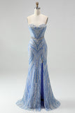 Vestido largo de baile de sirena azul sin tirantes con cuentas y abertura