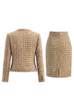 Vestido de trabajo de tweed dorado de manga larga de un solo pecho con bolsillos