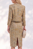 Vestido de trabajo de tweed dorado de manga larga de un solo pecho con bolsillos