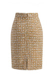 Vestido de trabajo de tweed dorado de manga larga de un solo pecho con bolsillos