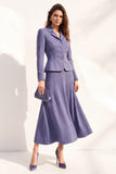 Traje midi de mujer de dos piezas morado con solapa con muesca y diseño de línea A