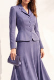 Traje midi de mujer de dos piezas morado con solapa con muesca y diseño de línea A