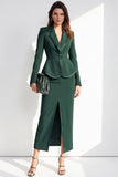 Traje de mujer de dos piezas verde oscuro con solapa muescada y abertura delantera