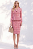 Traje peplum de mujer rosa de tweed a cuadros con solapa muescada