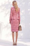 Traje peplum de mujer rosa de tweed a cuadros con solapa muescada