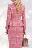 Traje peplum de mujer rosa de tweed a cuadros con solapa muescada