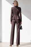 Traje peplum de mujer de dos piezas a rayas color café con escote en V y bolsillos