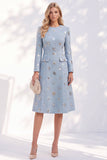 Vestido midi de mujer azul de manga larga con escote redondo