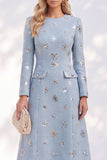 Vestido midi de mujer azul de manga larga con escote redondo