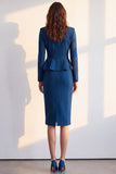 Traje midi de mujer de dos piezas azul oscuro con solapa muescada y corte entallado