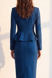 Traje midi de mujer de dos piezas azul oscuro con solapa muescada y corte entallado