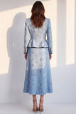 Traje midi de mujer azul de dos piezas con escote redondo