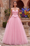 Vestido largo de fiesta rosa de tul bordado con cuentas, sin tirantes y corte A