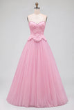 Vestido largo de fiesta rosa de tul bordado con cuentas, sin tirantes y corte A