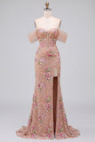Vestido largo rosa empolvado de corte sirena con corsé, lentejuelas y abertura