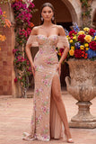 Vestido largo rosa empolvado de corte sirena con corsé, lentejuelas y abertura