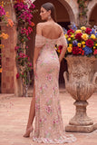 Vestido largo rosa empolvado de corte sirena con corsé, lentejuelas y abertura