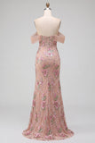 Vestido largo rosa empolvado de corte sirena con corsé, lentejuelas y abertura