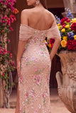 Vestido largo rosa empolvado de corte sirena con corsé, lentejuelas y abertura