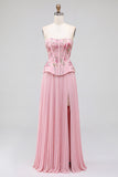 Vestido largo de fiesta rosa con lentejuelas florales, plisado, sin tirantes y abertura lateral