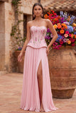 Vestido largo de fiesta rosa con lentejuelas florales, plisado, sin tirantes y abertura lateral