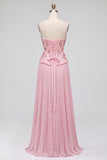 Vestido largo de fiesta rosa con lentejuelas florales, plisado, sin tirantes y abertura lateral