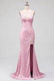 Vestido largo de fiesta rosa de corte sirena con perlas, tirantes finos y espalda con cordones