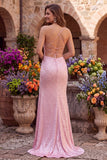 Vestido largo de fiesta rosa de corte sirena con perlas, tirantes finos y espalda con cordones