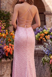 Vestido largo de fiesta rosa de corte sirena con perlas, tirantes finos y espalda con cordones