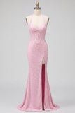 Vestido largo de fiesta rosa de satén de corte sirena con corsé halter, perlas y abertura