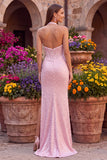 Vestido largo de fiesta rosa de satén de corte sirena con corsé halter, perlas y abertura
