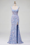 Vestido largo de fiesta azul floral bordado de corte sirena con corsé
