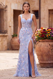 Vestido largo de fiesta azul floral bordado de corte sirena con corsé