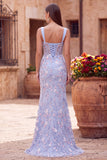 Vestido largo de fiesta azul floral bordado de corte sirena con corsé
