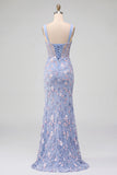 Vestido largo de fiesta azul floral bordado de corte sirena con corsé