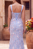 Vestido largo de fiesta azul floral bordado de corte sirena con corsé