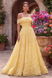 Vestido largo de fiesta amarillo con perlas, bordado floral, corte en línea A y hombros descubiertos