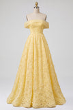 Vestido largo de fiesta amarillo con perlas, bordado floral, corte en línea A y hombros descubiertos