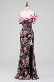 Vestido largo de fiesta rosa y negro con flores, lentejuelas, hombros descubiertos, corte sirena, lazo y abertura