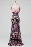 Vestido largo de fiesta rosa y negro con flores, lentejuelas, hombros descubiertos, corte sirena, lazo y abertura